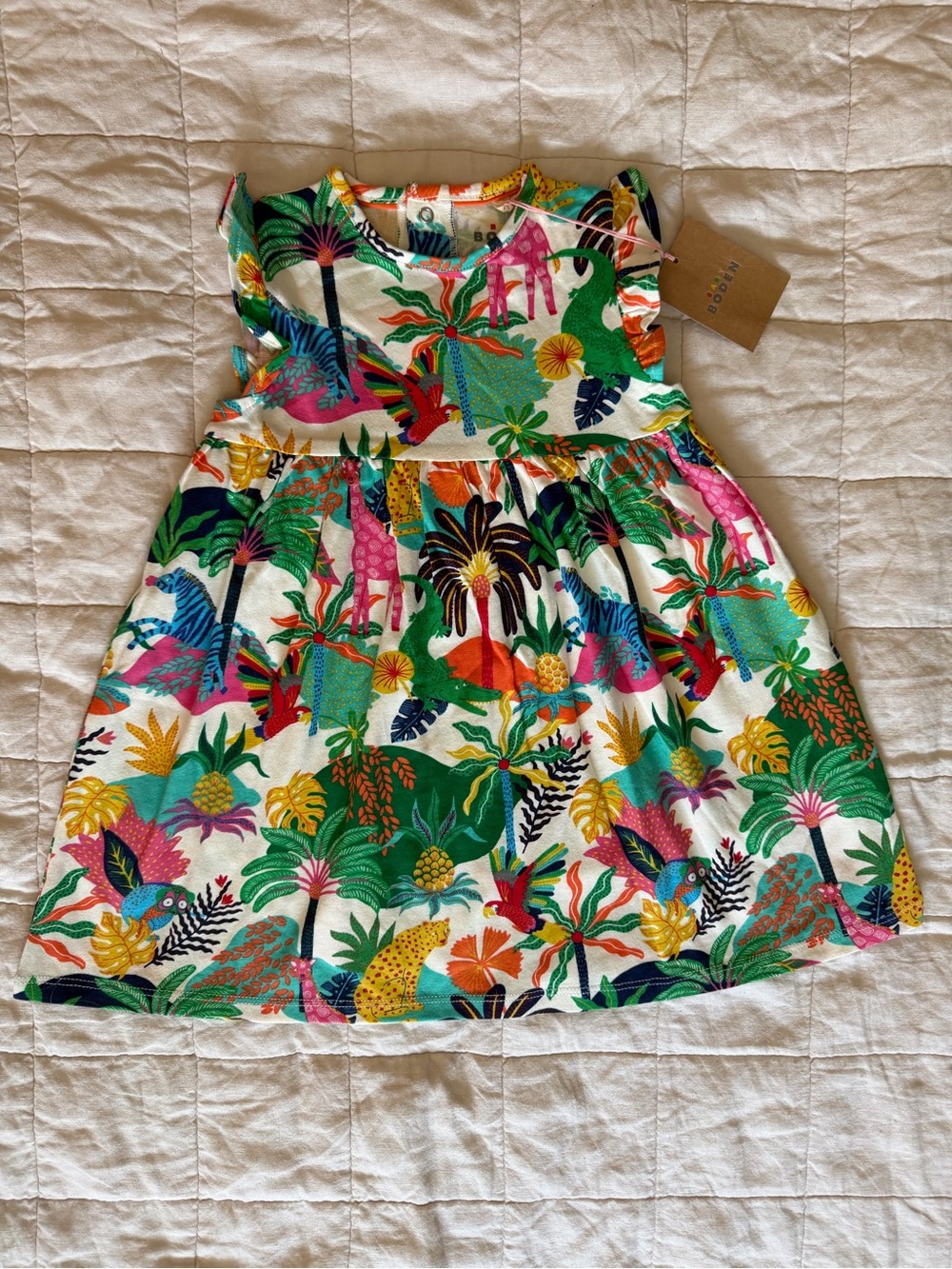 NWT Baby Boden Vibrant Jungle Animal Palm Tree Print Posie Dress - 18-24 months